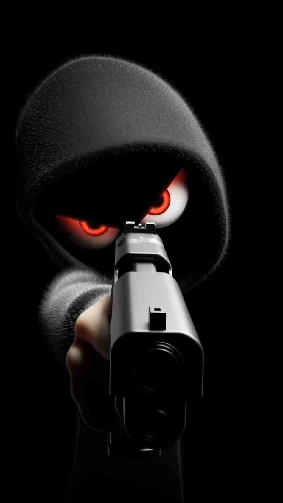Crimson Eyed Hoodgun Intense Hooded Target Wallpaper for Bold Visual Impact