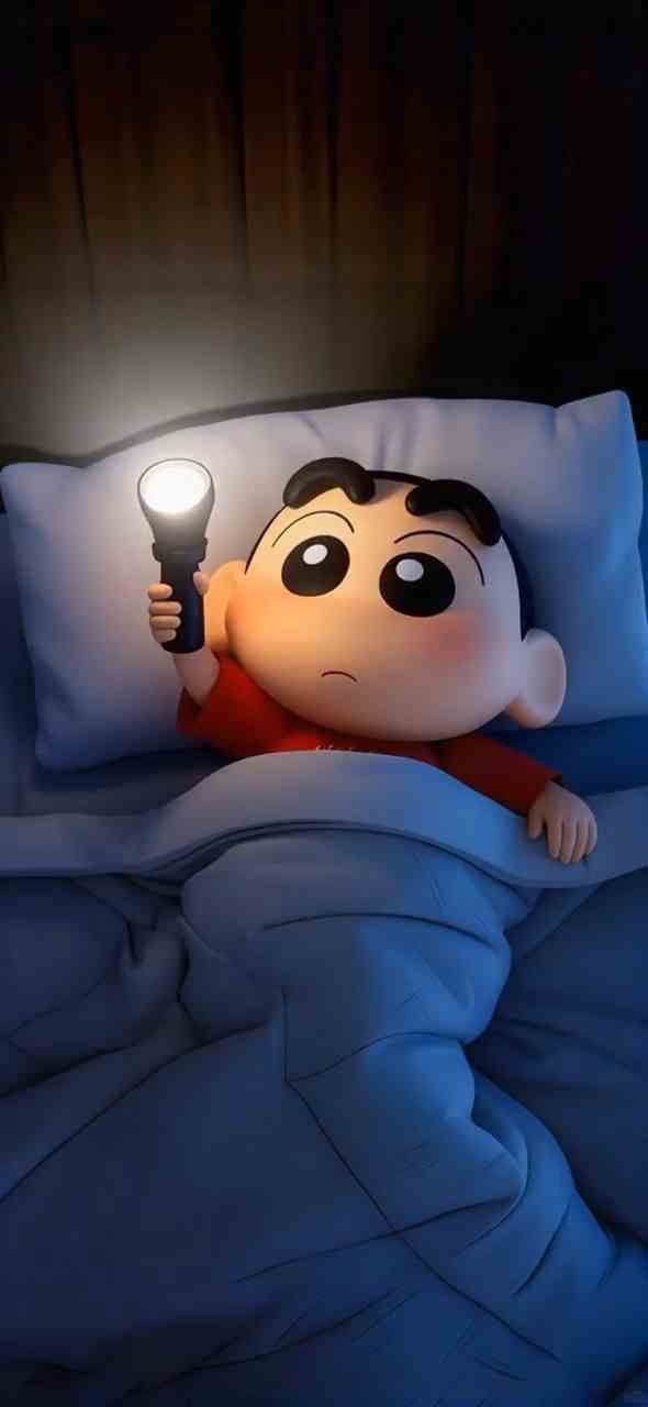 Cute Cartoon Boy in Bed Holding Flashlight – Funny HD Wallpaper