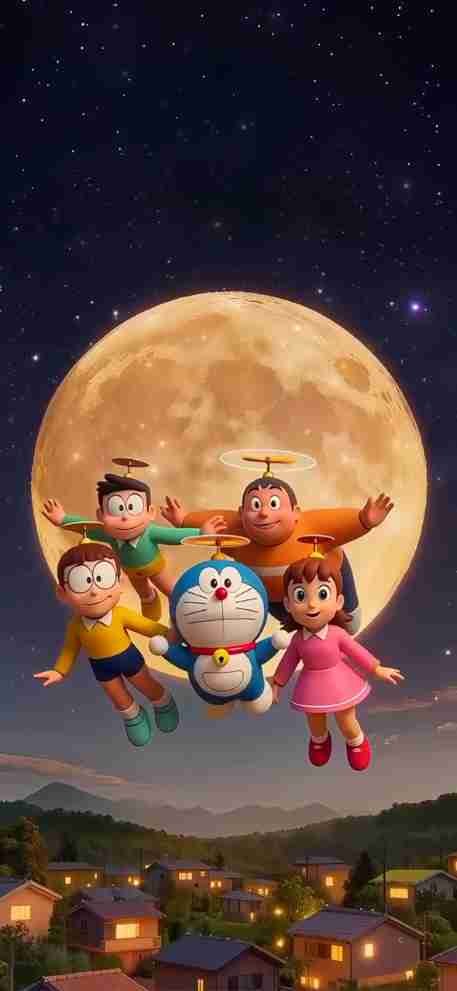 Doraemon and Friends Flying in Front of the Full Moon – HD Live Wallpaper