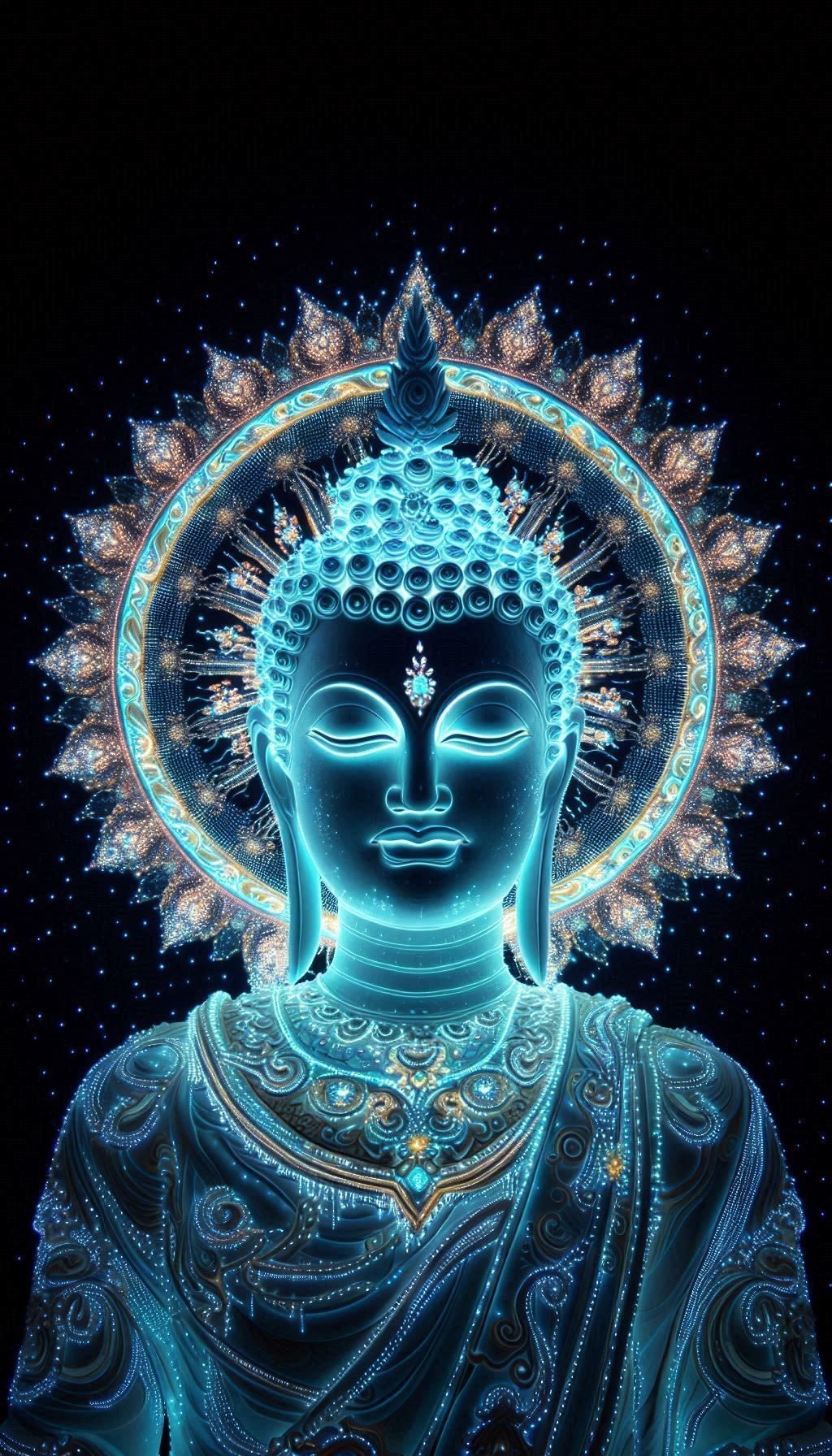 Cosmic Zen Glowing Blue Digital Buddha Wallpaper for Mobile