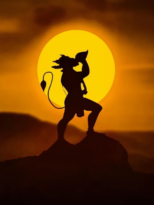 Sunset Valor Lord Hanuman Silhouette with Sun Halo Wallpaper